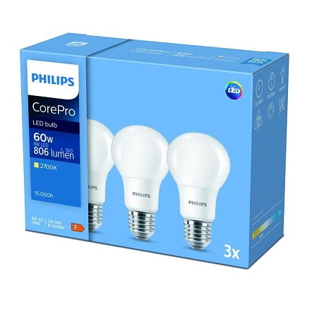 Philips LED-Lampe, Birne E27 "CorePro", 8W, 3er Set
