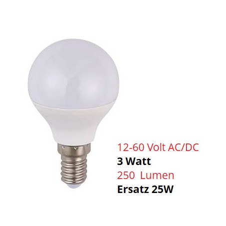 SPL E14 LED Lampe, Globe "P45", 12-60V DC, 3W, matt