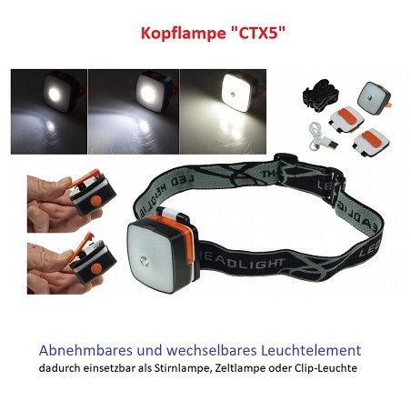 Chilitec LED-Kopf/Stirnlampe "Headlight CTX5", 3W, USB/Akku | 3355